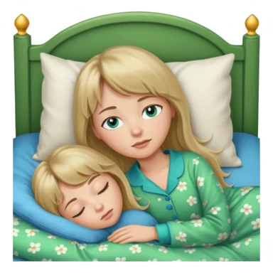 Woman with blue eyes and long dark blond hair and a bang, sleeping in bed  with green pyjama sticker