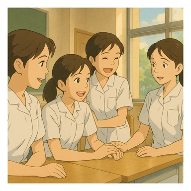 Scène Ghibli de quatre étudiants infirmiers en interaction, en intérieur, tenues blanches à manches courtes, tuniques médicales col en V, poche poitrine à gauche, sans pied de col ni stéthoscopes, avant-bras nus, cheveux longs attachés. Décor lumineux, ambiance collaborative. sticker