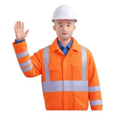 man in orange hi-vis jacket, white hard hat, waving, with a railway track in the background sticker