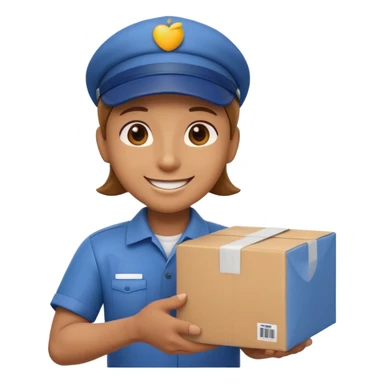 3D Apple-style emoji of a delivery worker holding a cardboard package. Wearing a cap and uniform shirt, smiling expression. Rounded, glossy, smooth, soft shadows, white background.




 sticker