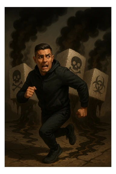Create an image of a man in his thirties inspired by the face in the reference photo, fleeing with a scared expression. He is running away from huge stylized sugar cubes depicted as toxic, with dark halos, poison symbols like skulls, and black smoke. On the ground, there are traces of sugar melting and corroding whatever they touch. The man appears determined to escape, dressed in sporty or casual clothes. The atmosphere is dark but dynamic, with strong symbolism of sugar as a harmful substance. sticker