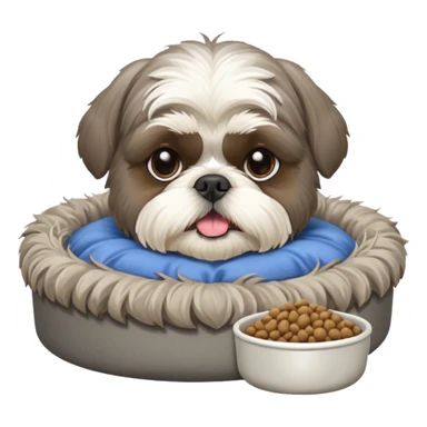 old ALL grey shih tzu in dog bed tongue hanging out with a bowl of food sticker