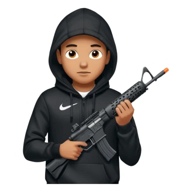 
Fais moi un jeune taliban qui ressemble qui tient une AR15 avec un hoodie a capuche, capuché, avec la cagoule nike therma fit hood sticker