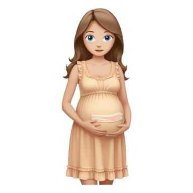 Beautiful Woman with Blue eyes, and long flowing almond brown hair and a light peachy tan skin tone, standing in a relaxed pose holding her baby bump with a visible baby bump in frilly buttercream colored babydoll sundress  sticker