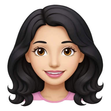 a woman is smile, her hair is long wavy and the color is black, her eyes color are brown and the color of her lip is soft pink sticker