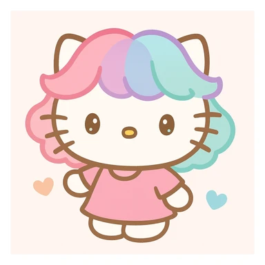 Hello Kitty style white cat wearing a pink or colorful wig, cute and playful, simple background sticker