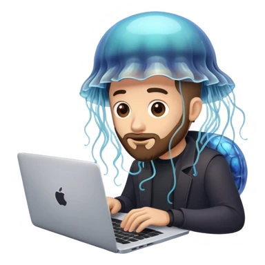a developer with a jellyfish on his laptop sticker