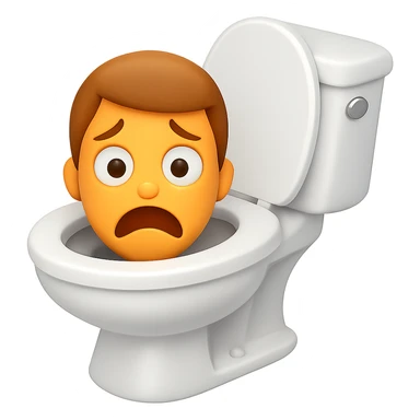 Create an image in the style of apple emojis of a toilet with a cartoonish, exaggerated head emerging from the bowl, looking scared with raised eyebrows and frowning mouth. Use a transparent background. sticker