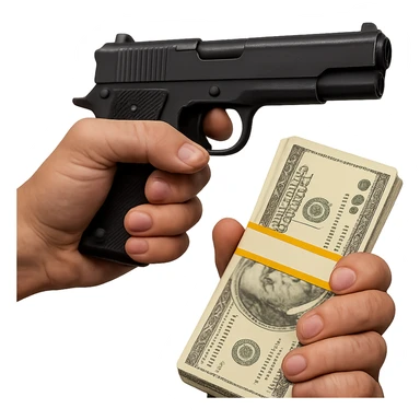 Make the emoji of a hand holding money and a pistol, inspired by Albanian mafia culture, more realistic with detailed realism. No background. sticker