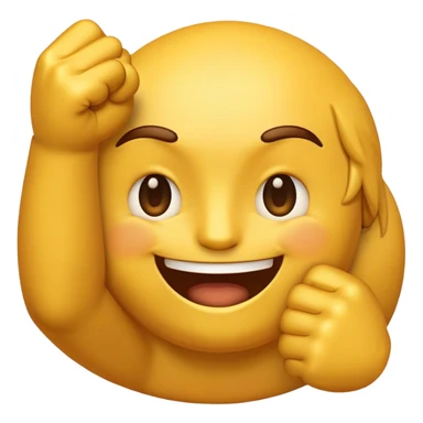 A medium-sized, golden-yellow emoji with a round face. It has a slightly bearded look, one eye winking, and a smiling expression. On both sides, there are fists with index fingers pointing left and right. sticker
