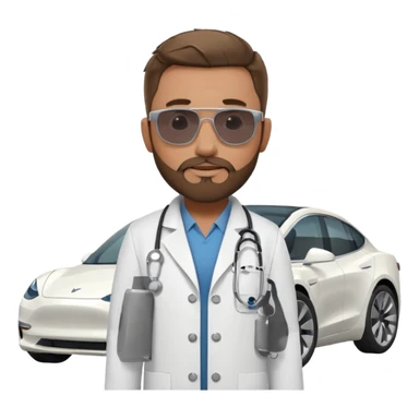 White tesla model 3 and one cool physician with dark blond hair, beard, stetoscope and dark sunglasses next to it sticker