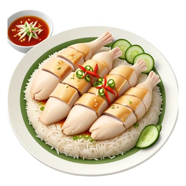 Singapore Hainanese chicken rice with sliced chicken, fragrant rice, cucumber and chili sauce sticker