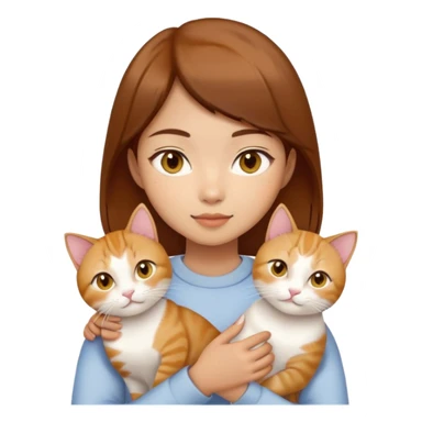 Asian girl, brown hair, brown eyes skin tone almond holding three cats one ginger, one yellow white one British short hair cream colour sticker