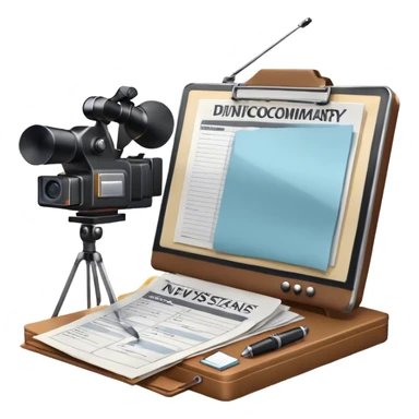 Icon for Documentary Film: A TV show-style design with a large screen displaying a documentary scene. Include papers, a clipboard, and files scattered around, along with a microphone and camera. The design should evoke a news or investigative TV program vibe. Transparent background. sticker