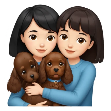 A girl with short black hair and bangs happily hugs a brown cocker spaniel sticker