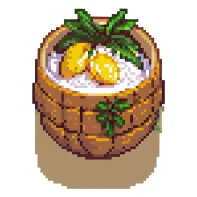 pixel art style mango sticky rice, with sliced mango and coconut rice, colorful and cute sticker