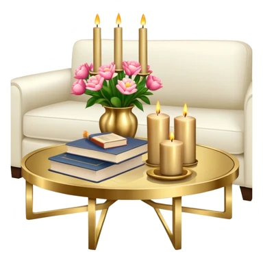 Modern brass coffee table with candles, flowers, and a stack of books sticker