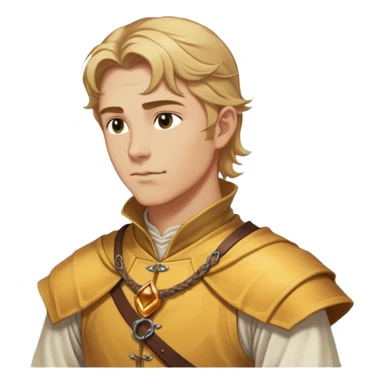 Medieval summer outfit worn by a DnD themed fantasy male character. Character has honey blonde hair swept back from the temples, reaching the nape of the neck with natural waves throughout. sticker