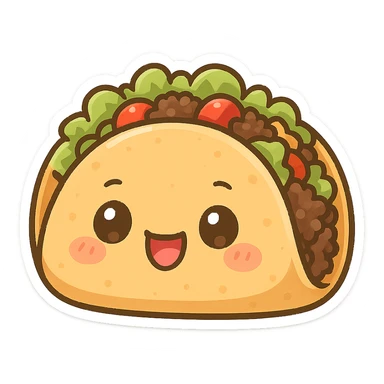 chibi sticker-style taco with a smiling face, cute and exaggerated sticker