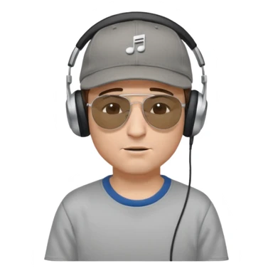 emojis.com dj-man-white-with-baseball-cap---rayban-sun-glasses-80s---brown-hair---closed-eyes-with-headphones-on-with-musical-note-over-head-(listening-to-music-)---eyes-closed-no-glasses---black-hat--musical-notes EYS c losed  grey sweatshirt sticker