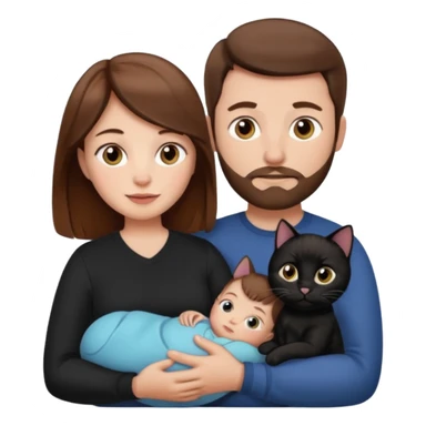 1 mom brown hair, 1 dad no beard, 1 baby and 1 black cat sticker