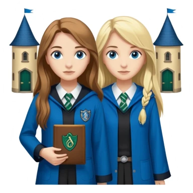 a pretty ravenclaw girl with long brown hair and blue eyes standing with a hot Slytherin girl with long blonde hair, blue eyes sticker