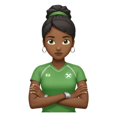 A calm black female coach with folded arms, analyzing the game with sharp focus, green clothes sticker