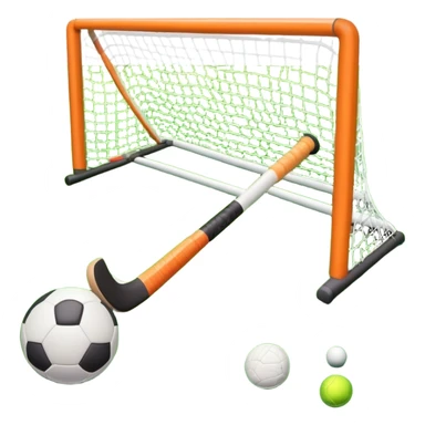 field hockey stick and ball on vibrant green grass field with goalposts sticker
