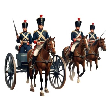 A vintage movie poster-style design depicting a dramatic Napoleonic War scene. Include soldiers in period uniforms, cannons, and a battlefield with flags and horses. The background should evoke a sense of battle and history, with old-fashioned cinematic flair. Transparent background. sticker