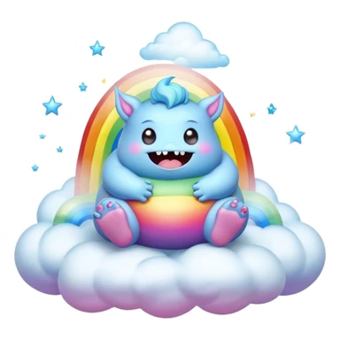 3D, Kawaii derpy fat rainbow monster sitting on a magic rainbow hued cloud, rich textures, visually detailed, so lifelike that it feels like it could leap off the page at any moment sticker
