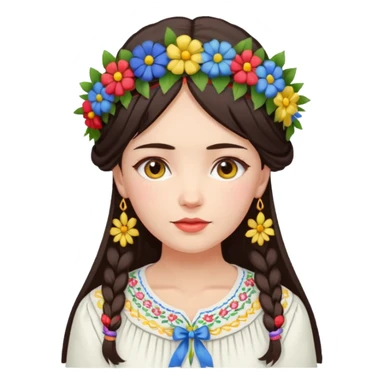 Ukrainian woman in a white embroidered shirt with dark hair in a wreath of flowers with multicoloured ribbons on her head sticker