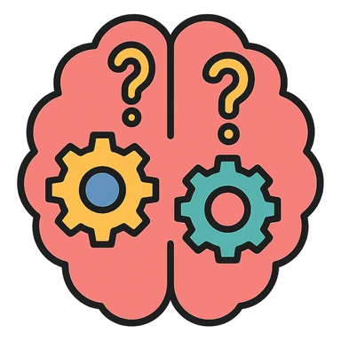 abstract concept of philosophy, a brain with gears and question marks in modern flat icon style sticker