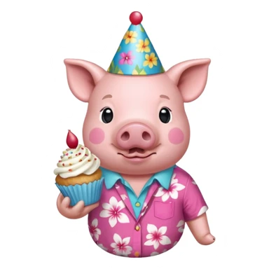 Pig with aloha shirt, birthday hat, holding a cupcake sticker