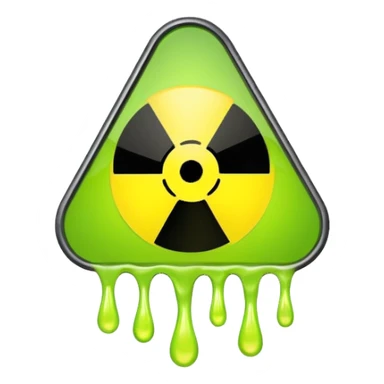 radioactive hazard symbol stylized to look like it is melting. The symbol is bright neon green and toxic yellow, with smooth dripping edges like liquid. sticker