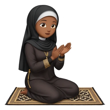 Muslim woman in black jiljab side profile praying on prayer mat  holding up hands to god sticker