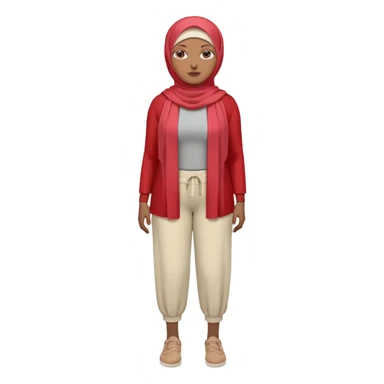 Heavy-set woman with medium-brown skin wearing a light red hijab, cream top, light red pants, tan shoes, and a visible gray below-knee prosthetic leg. Standing confidently with one hand on her hip sticker