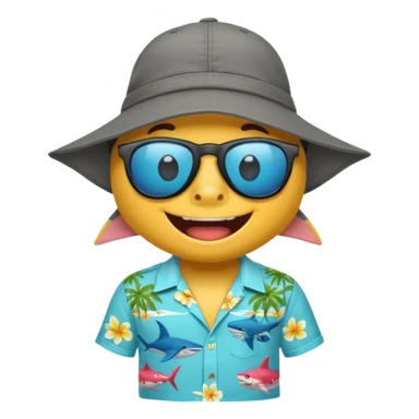 Tiburón playero con camisa hawaiana, lentes negros, y una gorra al revés sticker