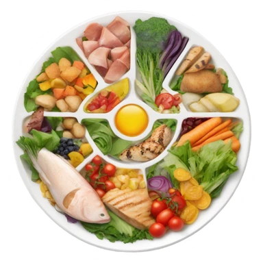 Look up on a large white round plate of healthy food sticker
