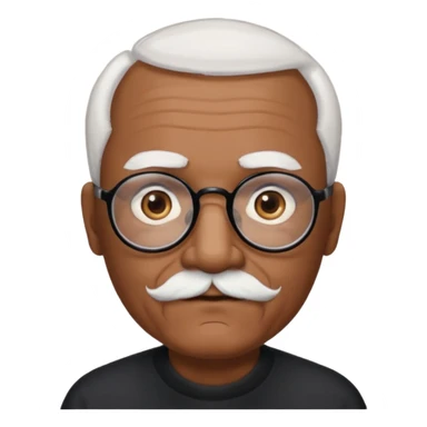 an elderly man with medium-dark skin tone, bald on top with short white hair at the sides, thick white eyebrows, large brown eyes, and wears black-framed glasses.
A small white beard sticker