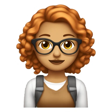 Profesora de artes de piel clara con el pelo largo rubio anaranjado con los ojos marrones y gafas redondas una camiseta blanca y tejanos y lleva pinceles y colores sticker