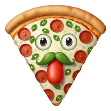 a  whole pizza with pepperonis from eyes and mushroom from the nose and green bell pepper from the mouth and mustache sticker