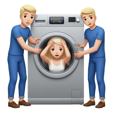 Eine Frau mit dem Kopf  in der Waschmaschine feststeckt und zwei Männer ziehen an ihren Beinen um ihr zu helfen  sticker