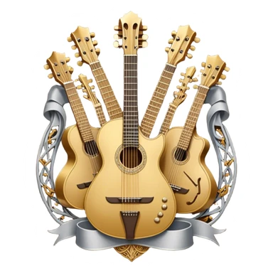 Create a complex, ceremonial, and professional emoji resembling a coat of arms, symbolizing plucked string instruments. The design should feature a combination of elements such as the necks and fretboards of various plucked string instruments like guitars, harps, and mandolins. The strings should be clearly visible, and the frets should be detailed. Intertwining with the instruments, there should be a flowing ribbon of musical notes, curving elegantly around the instruments and connecting them. The colors should include golden metallic tones, warm wood finishes, and silver accents to emphasize the professional and festive nature of the design. The background should be regal, using subtle textures or patterns to give a sense of grandeur, while keeping the instruments and notes as the focal point. The design should evoke a sense of celebration and sophistication, reflecting the rich tradition of plucked string instruments. sticker