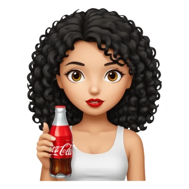 a pretty tan bratz girl with black curly hair drinking coca cola. no makeup. white top sticker