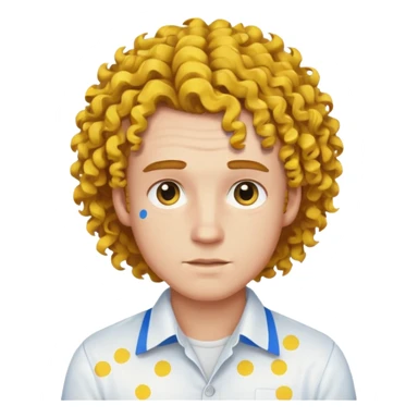 Make me an emoji that has a guy with a white shirt and yellow tape around the shirt with brown and blue spots hair make the hair curly sticker