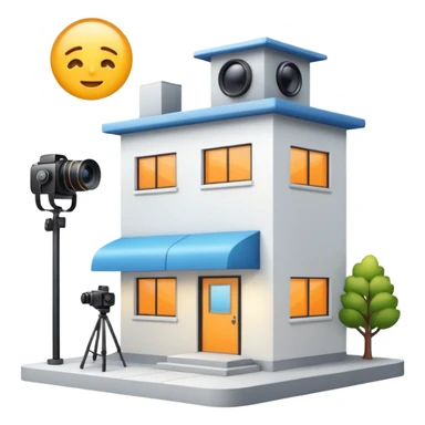 modern studio building with camera and lights, clean and inviting, studio rental sticker