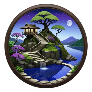 Alien saucer poolhouse jungle winding narrow stairway fountain lakeside mountainside -island getaway nighttime landscape antique mudman very old broken cracked intricate Stone Age lapis-crusted irregular dodecagon-shaped shallow dark moss rough bark violet serissa flowered maple tree bonsai sticker