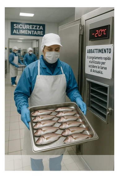 a fish processing facility where freshly caught fish are placed on trays and moved into a large industrial freezer. A temperature gauge shows -20°C, and an educational label explains that rapid freezing (abbattimento) is used to kill Anisakis larvae. The background includes workers in protective clothing and clear signage about food safety. in italiano sticker