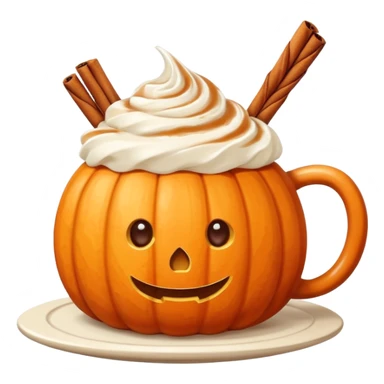 Round pumpkin-shaped mug with whipped cream swirl and cinnamon stick, warm orange and cream tones. sticker