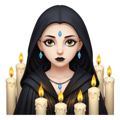 Pale sorceress lit by dozens of candles, wet skin glow, slow seductive gaze, dark fantasy cinema sticker